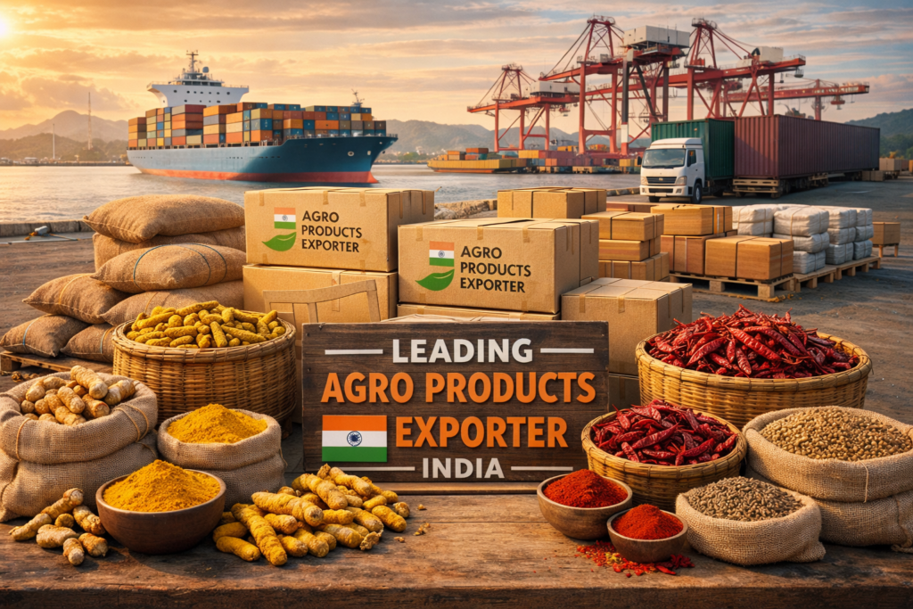Leading agro products exporter from India displaying turmeric fingers and red chilli at seaport for global spice export and turmeric import