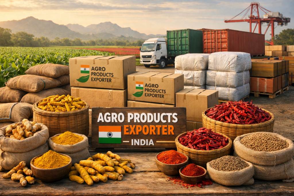 Export quality turmeric fingers and red chilli displayed with cargo containers representing agro products exporter and turmeric supplier India for global spice export.